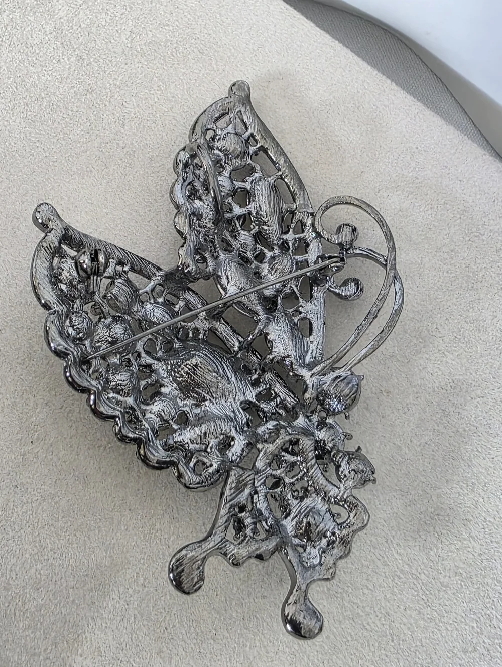 Statement Gunmetal Silver Butterfly Brooch Pin / Pendant Black & Amber Crystals